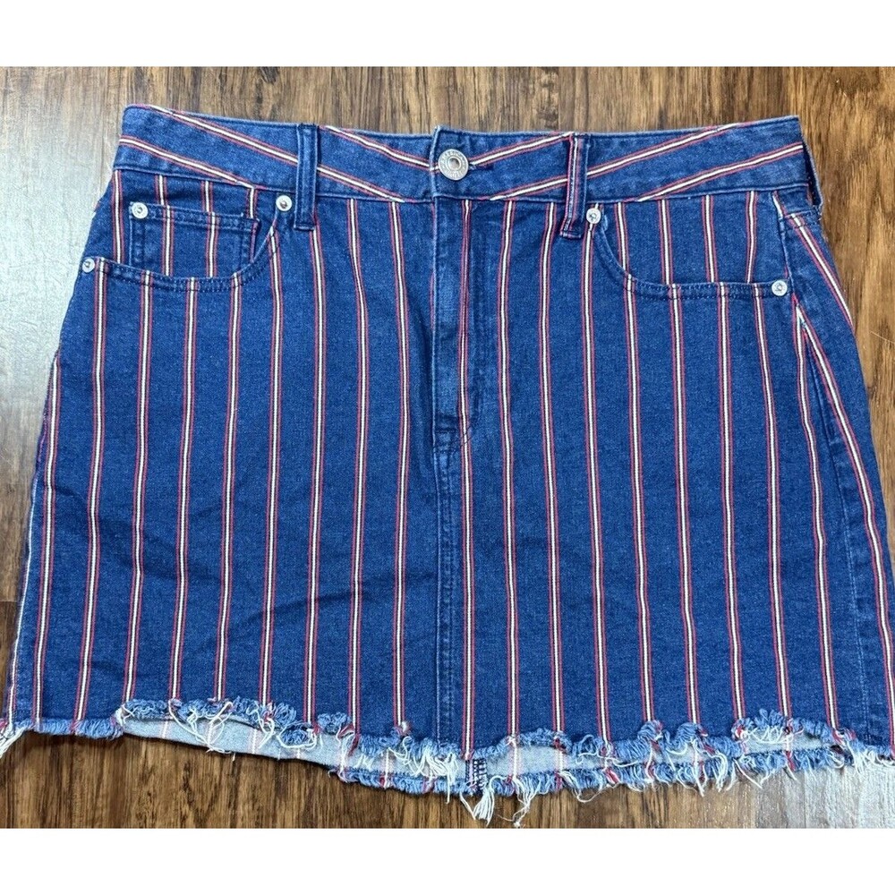 American Eagle Y2K Hi Rise Mini Skirt 14 Blue Red White Stripe Cut Off Excellent